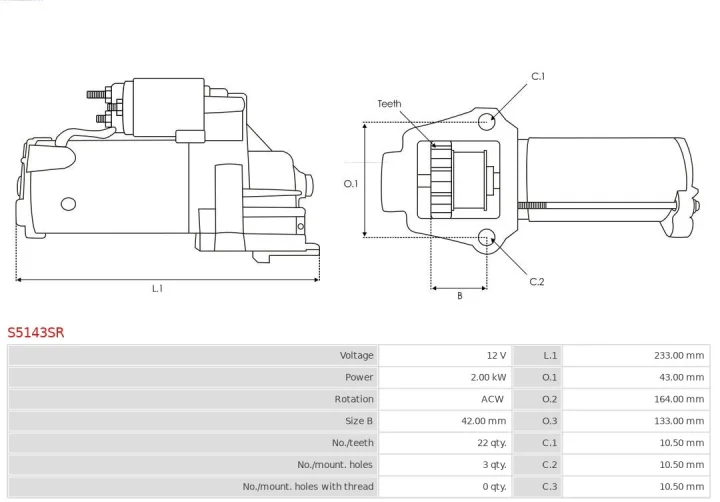 Фото 1 - Стартер mi 12v-2.0kw-22t, m001t93071 AS S5143SR Стартер mi 12v-2.0kw-22t, m001t93071 AS S5143SR (фото 1)