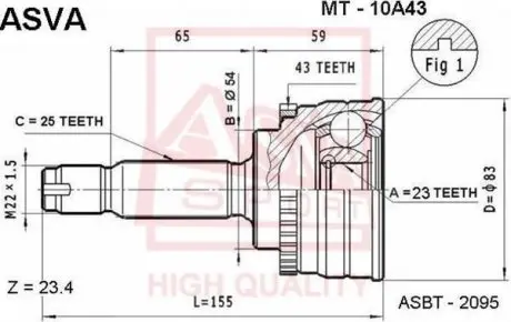 ШРУС наружный 23x54x25 (mitsubishi carisma da 1995-2003) AKYOTO/ASVA/AKITAKA MT-10A43