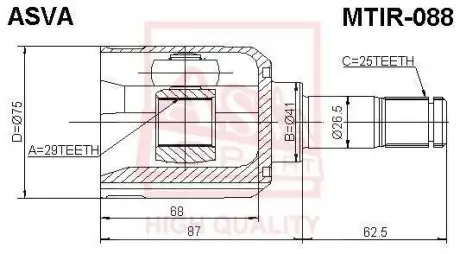 ШРУС внутренний правый 29x41x25 (mitsubishi lancer cs1a/cs3a/cs9a 2003-) AKYOTO/ASVA/AKITAKA MTIR-088