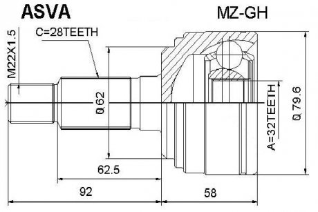 ШРКШ зовнішній 32x59x28 (mazda 5 cw 2010-) ASVA MZ-GH (фото 1)