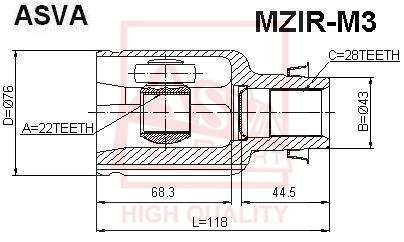 ШРУС внутренний правый 22x43x28 (mazda 3 2003-2013) ASVA MZIR-M3