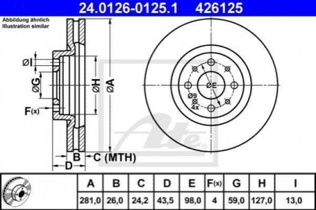 Гальмівний диск передній fiat stilo 04-1.9d ATE 24.0126-0125.1