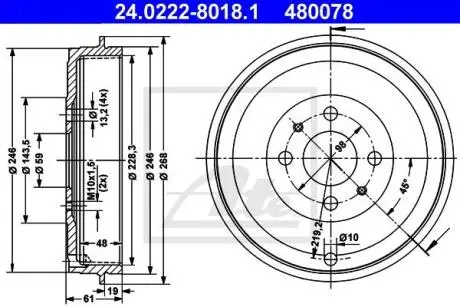 Барабанное тормоз fiat doblo 01- ATE 24.0222-8018.1