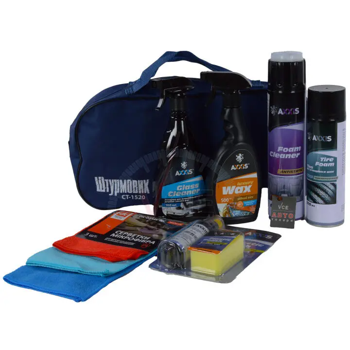Набір автомобіліста подарунковий для догляду за автомобільним склом, салоном, шинами, кузова, 6 предметів AXXIS KT-00074 (фото 1)