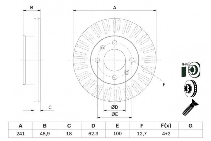 Kia гальмівний диск передн. picanto 1.1-1.1d 04- BOSCH 0986479E73 (фото 1)