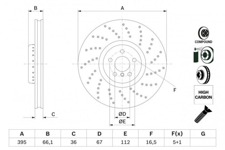 Гальмівний диск bmw 5/7/x5/x6 fr m-perfomance BOSCH 0986479F55 (фото 1)