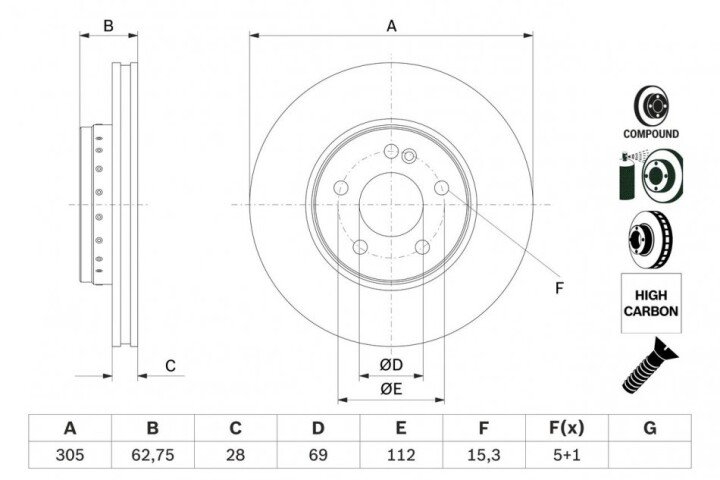 Диск тормозной (передний) mb c-class (w205)/e-class (w213) 13-(305х28) BOSCH 0 986 479 G41 (фото 1)