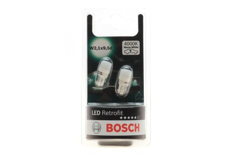 Лампа led retrofit w2,1x9,5d (w5w) 12в 1вт (блистер - 2шт.) warm - кратн. 10 шт BOSCH 1987301506 (фото 1)