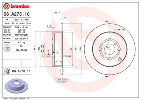 Задній гальмівний диск Toyota Corolla 02- BREMBO 08.A273.11