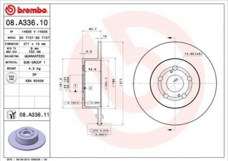 Задній гальмівний диск BREMBO 08.A336.11 (фото 1)