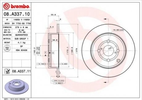 Тормозной диск зад Toyota corolla 02-06 BREMBO 08.A337.11