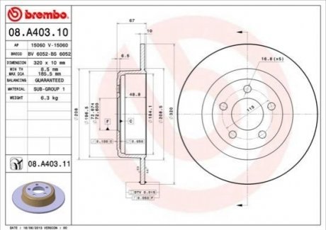 Гальмівний диск задній chrysler 300c 04- BREMBO 08.A403.11 (фото 1)