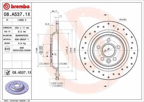 Тормозной диск xtra задний BREMBO 08.A537.1X