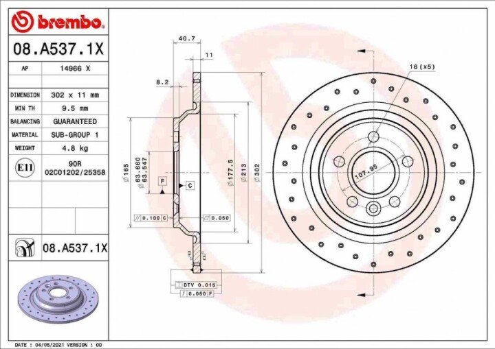 Гальмівний диск xtra задній BREMBO 08.A537.1X (фото 1)