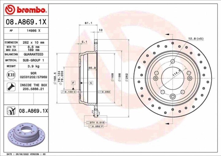 Тормозной диск xtra задний BREMBO 08.A869.1X (фото 1)