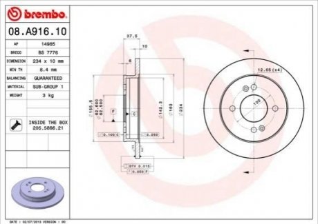 Тормозной диск задний kia picanto 04- BREMBO 08.A916.10 (фото 1)