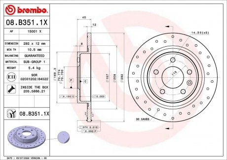 Тормозной диск xtra задний BREMBO 08.B351.1X