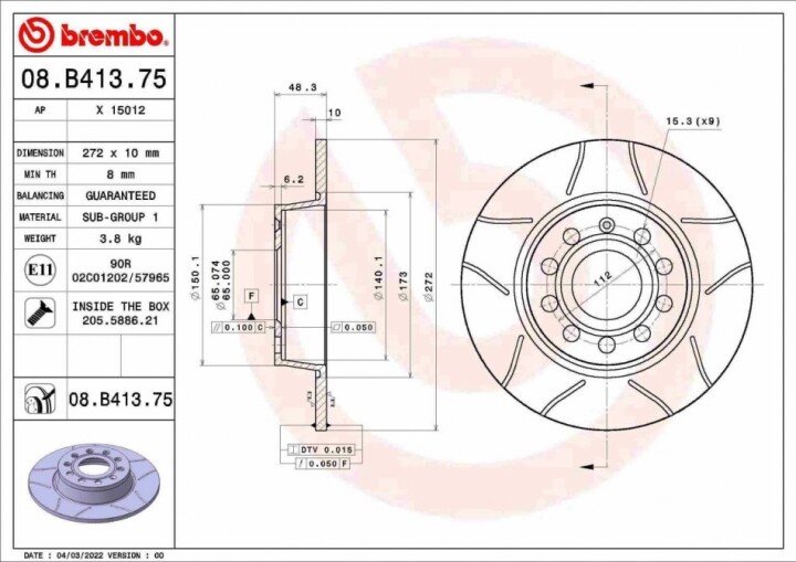 Тормозной диск макс. задн. BREMBO 08.B413.75 (фото 1)