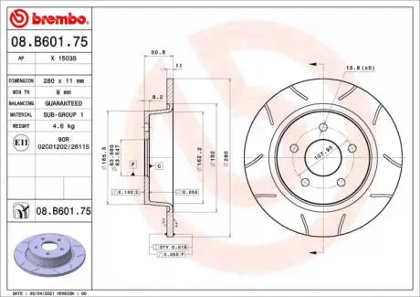 Тормозной диск макс. задн. BREMBO 08.B601.75