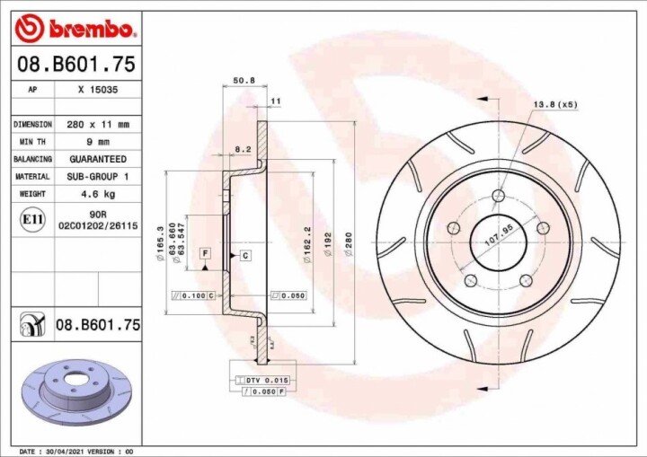 Тормозной диск макс. задн. BREMBO 08.B601.75 (фото 1)