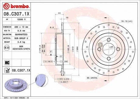 Тормозной диск xtra задний BREMBO 08.C307.1X