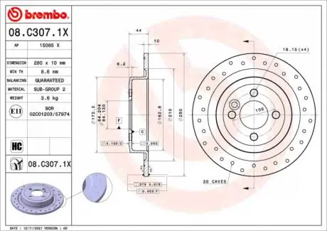 Тормозной диск xtra задний BREMBO 08.C307.1X
