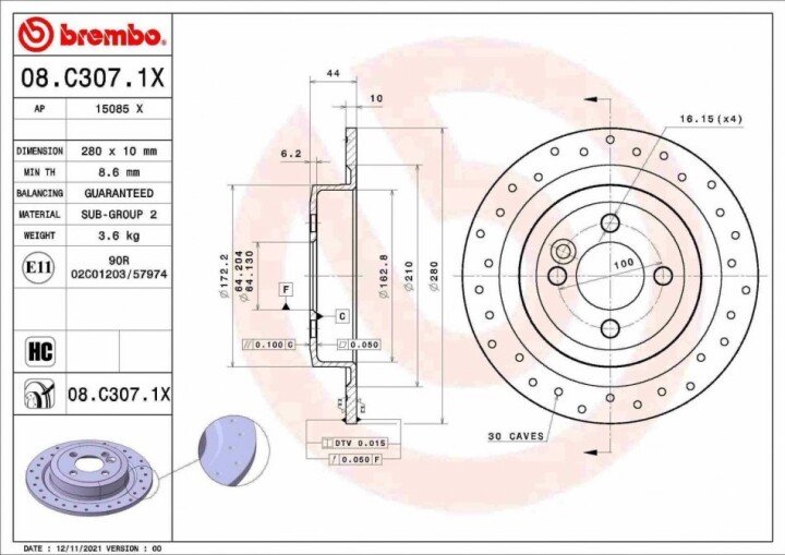 Гальмівний диск xtra задній BREMBO 08.C307.1X (фото 1)