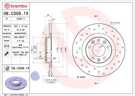 Тормозной диск BREMBO 08.C309.1X