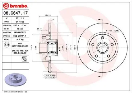 Задний тормозной диск с подшипником BREMBO 08.C647.17