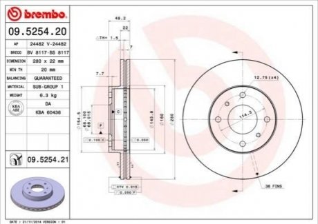 Тормозной диск передний nissan almera 00-06 BREMBO 09.5254.21 (фото 1)