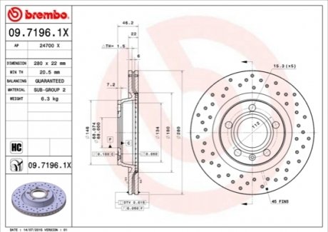 Тормозной диск xtra передний BREMBO 09.7196.1X