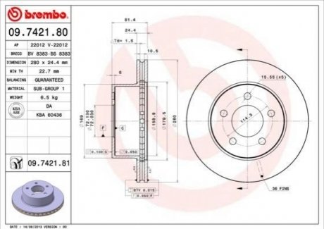 Передний тормозной дисковый джип чероки BREMBO 09.7421.81 (фото 1)