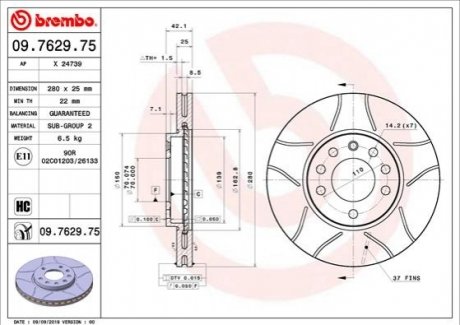 Тормозной диск передний max opel astra g 98- BREMBO 09.7629.75 (фото 1)