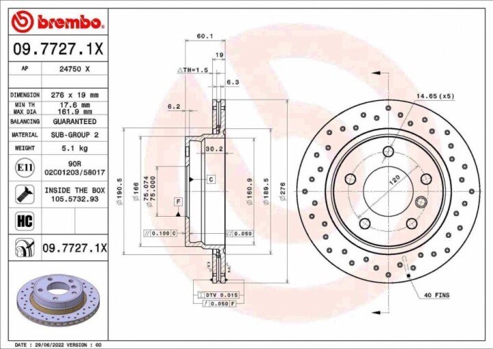 Гальмівний диск xtra задній BREMBO 09.7727.1X (фото 1)