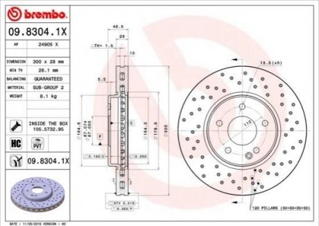 Тормозной диск xtra mb clk w208 97- BREMBO 09.8304.1X (фото 1)