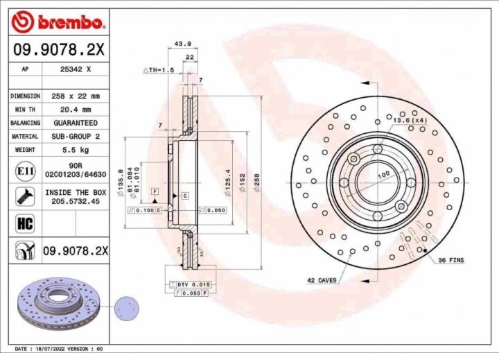 Гальмівний диск xtra передній BREMBO 09.9078.2X (фото 1)