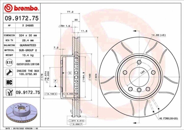 Гальмівний диск макс. передн. BREMBO 09.9172.75 (фото 1)