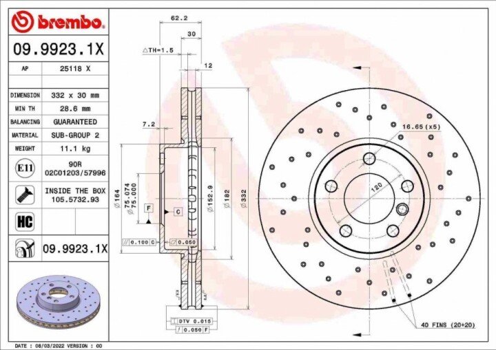 Тормозной диск xtra передний BREMBO 09.9923.1X (фото 1)