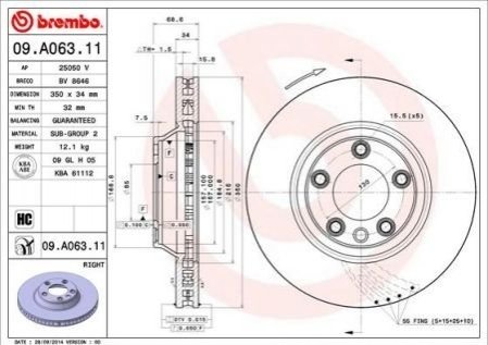 Тормозной диск вентилируемый BREMBO 09.A063.11 (фото 1)