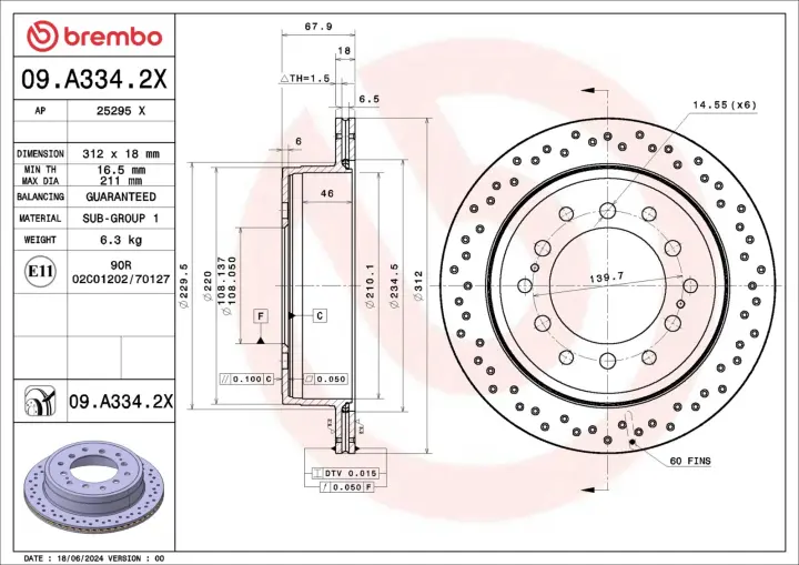 Фото 1 - Тормозной диск BREMBO 09.A334.2X Тормозной диск BREMBO 09.A334.2X (фото 1)