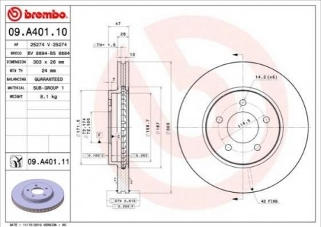 Передній гальмівний диск BREMBO 09.A401.11
