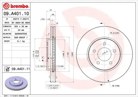 Передний тормозной диск BREMBO 09.A401.11