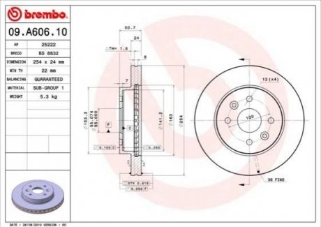 Передний тормозной диск kia rio 02-05 BREMBO 09.A606.10 (фото 1)