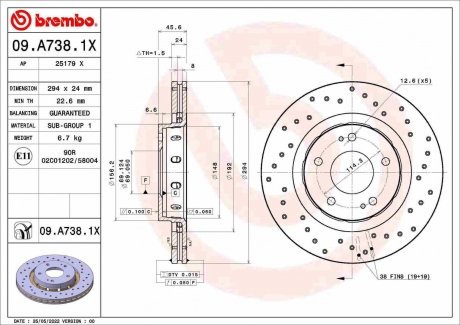 Тормозной диск xtra передний BREMBO 09.A738.1X (фото 1)