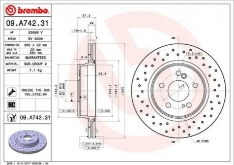 Задний тормозной диск mercedes sl 97-55amg BREMBO 09.A742.31 (фото 1)