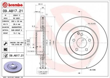 Передний тормозной диск mercedes e w211 05-13 BREMBO 09.A817.21 (фото 1)