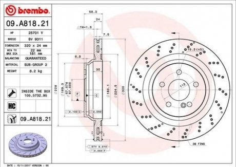 Задний тормозной диск BREMBO 09.A818.21 (фото 1)