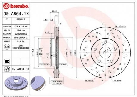 Тормозной диск передний xtra toyota auris BREMBO 09.A864.1X