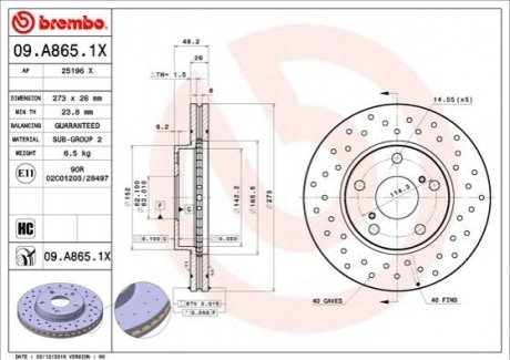Гальмівний диск передній xtra toyota auris 07- BREMBO 09.A865.1X