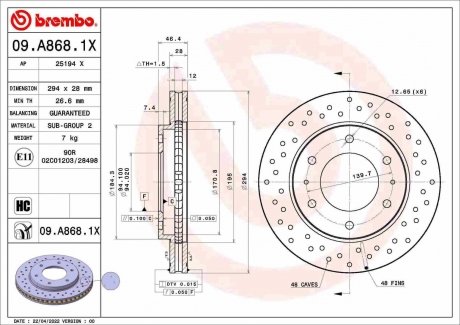 Тормозной диск xtra передний BREMBO 09.A868.1X (фото 1)